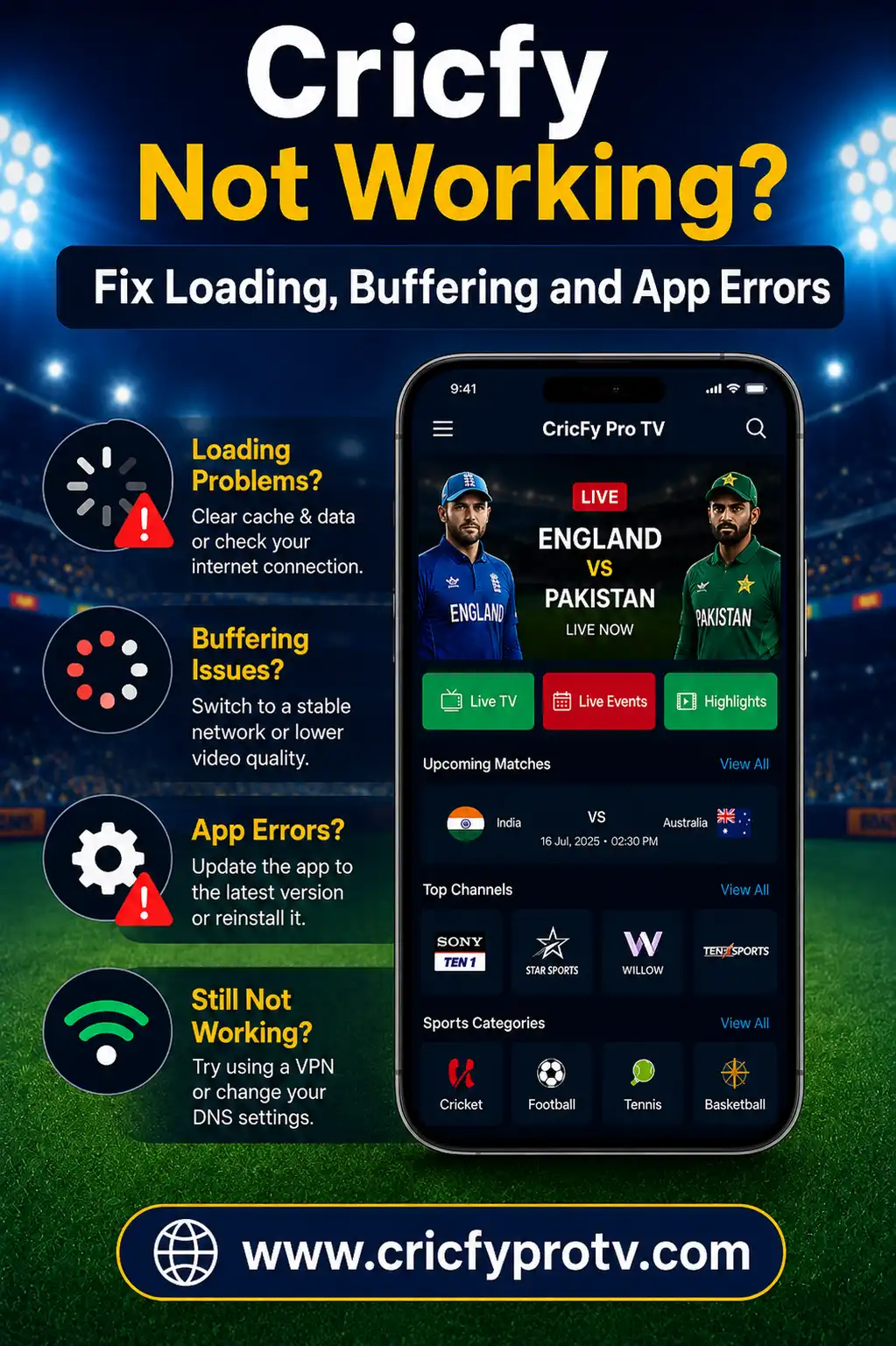 Cricfy TV troubleshooting guide for loading and app errors