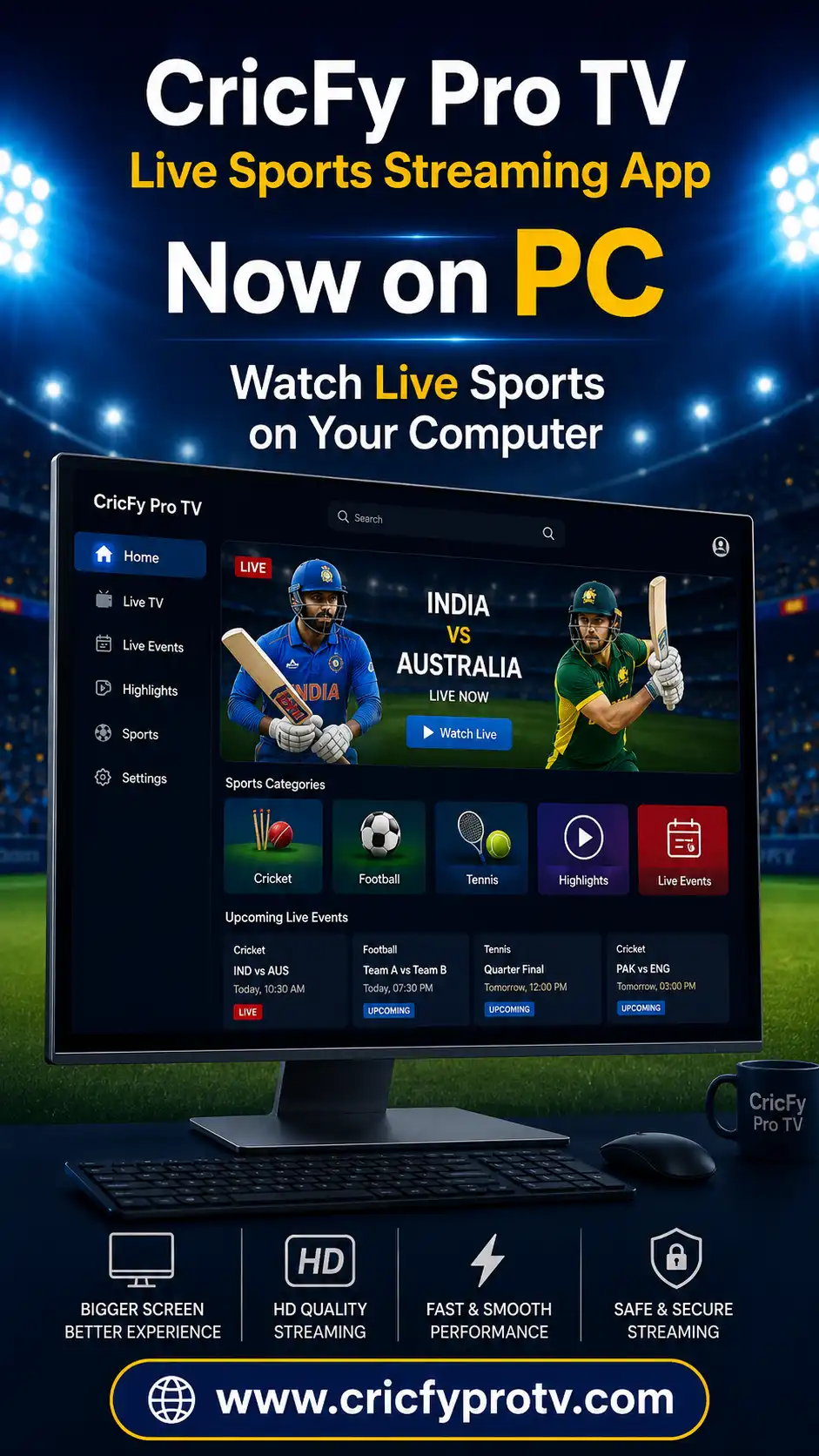 Cricfy TV running on a Windows PC and laptop